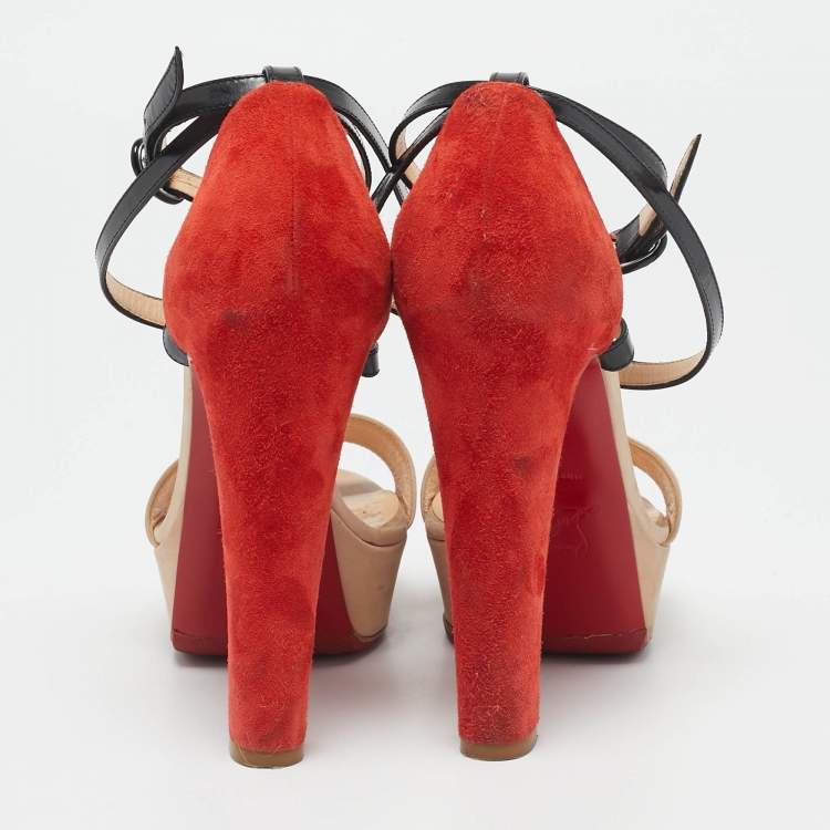 Pre Owned Christian Louboutin Tricolor Suede and Leather Platform Ankle Strap Sandals Size 36