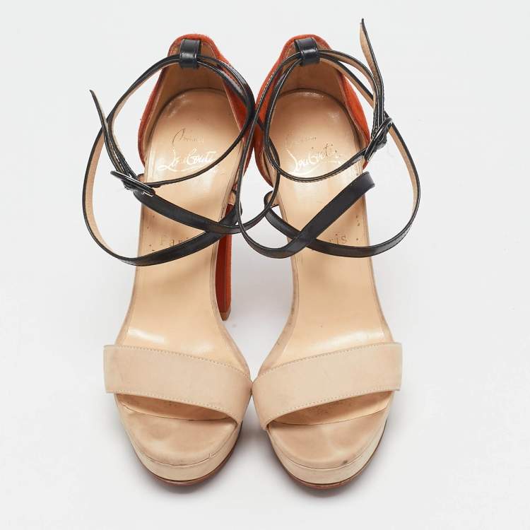 Pre Owned Christian Louboutin Tricolor Suede and Leather Platform Ankle Strap Sandals Size 36