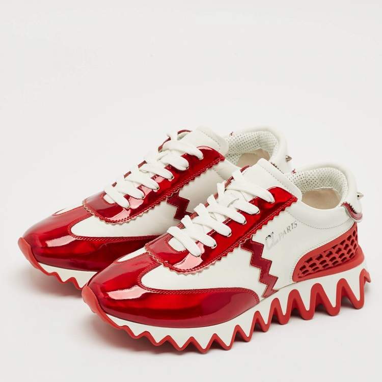 Pre Owned Christian Louboutin White/Red Patent and Leather Loubishark Sneakers Size 37