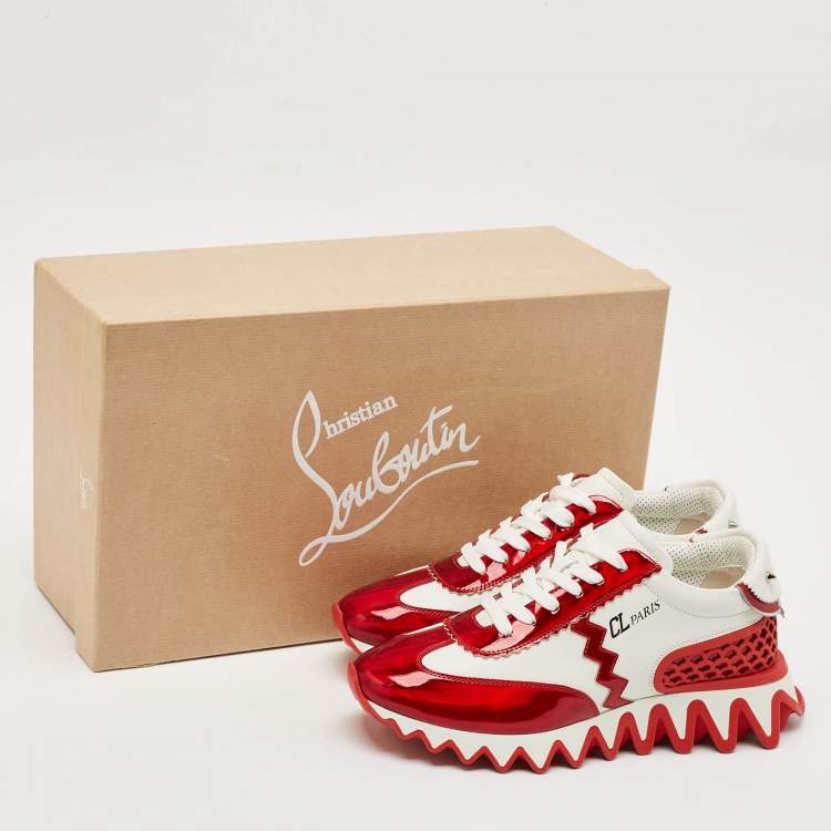 Pre Owned Christian Louboutin White/Red Patent and Leather Loubishark Sneakers Size 37