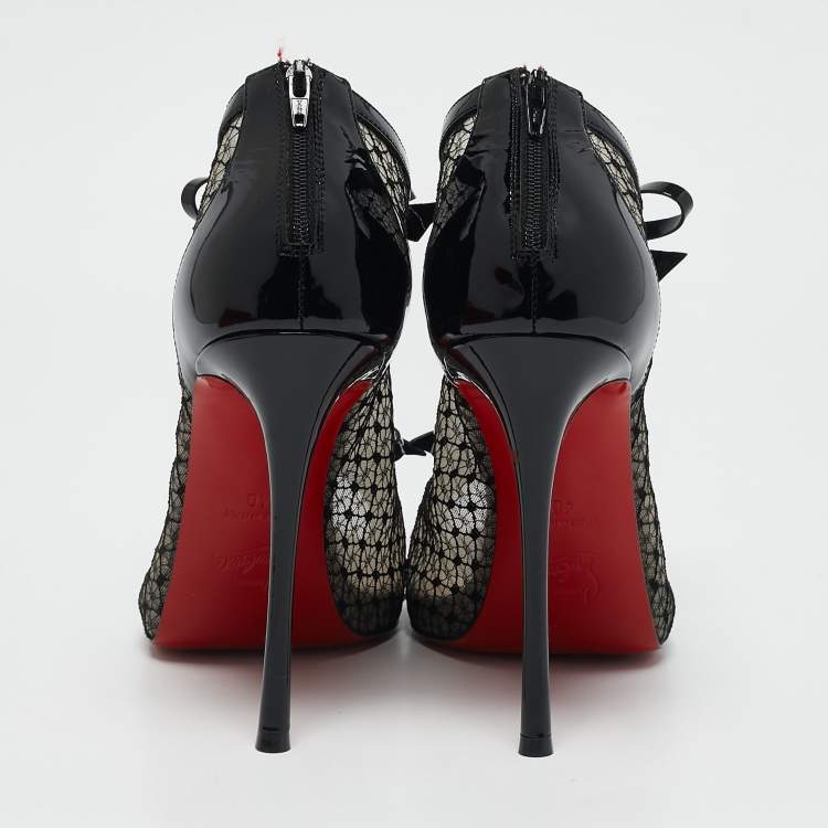Pre Owned Christian Louboutin Black Patent Leather and Mesh Empiralta Booties Size 40