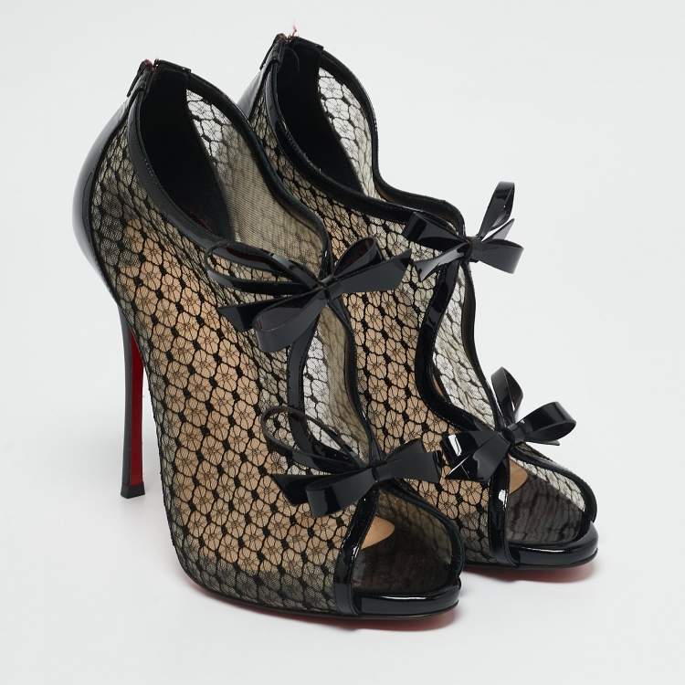 Pre Owned Christian Louboutin Black Patent Leather and Mesh Empiralta Booties Size 40