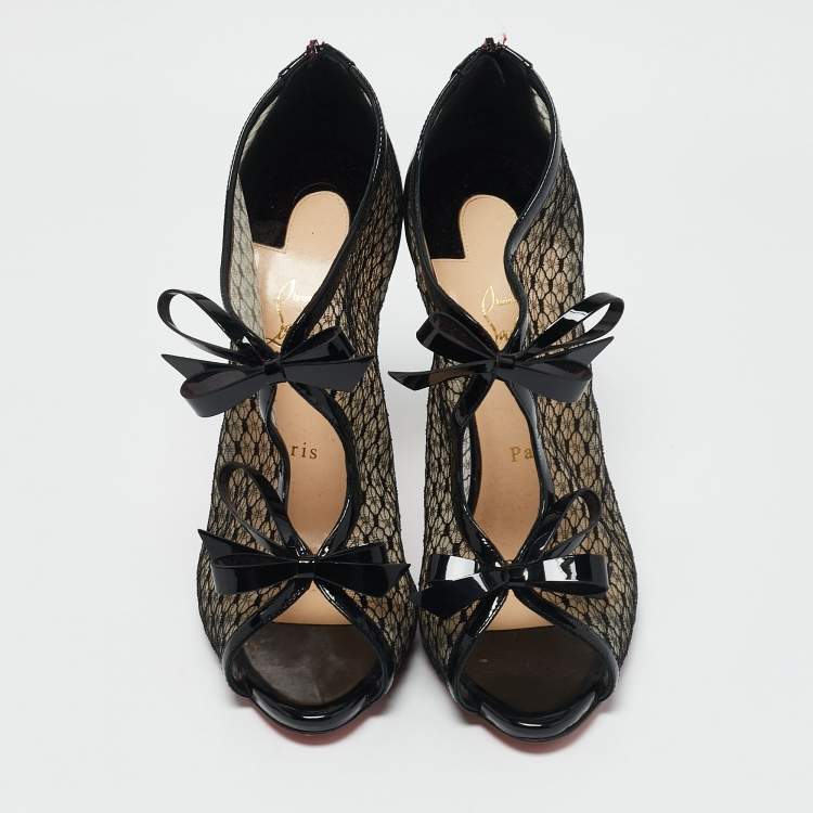 Pre Owned Christian Louboutin Black Patent Leather and Mesh Empiralta Booties Size 40