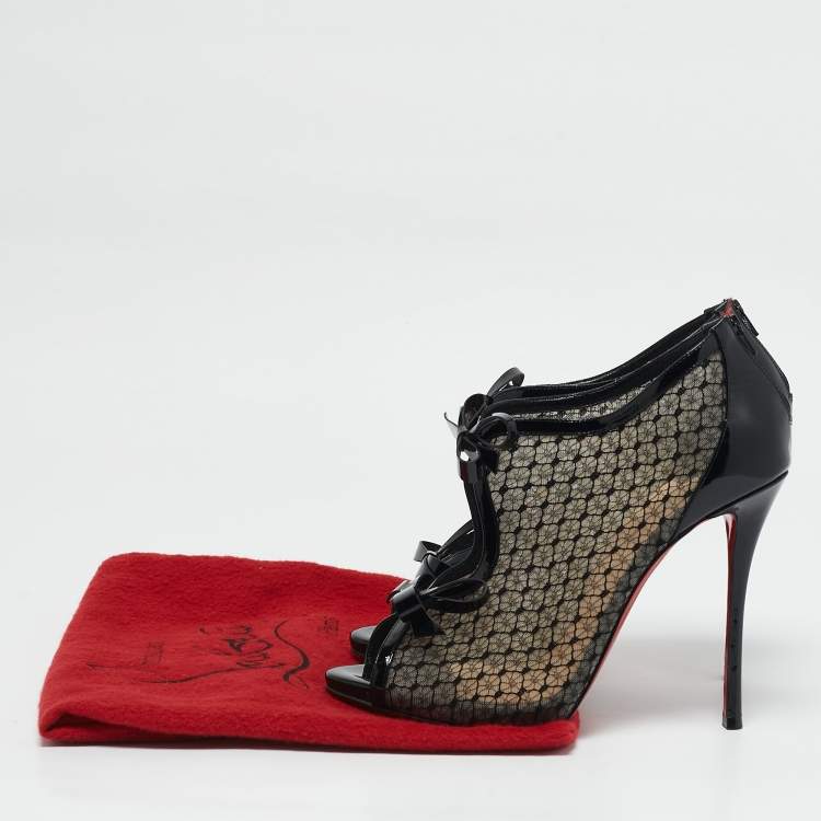 Pre Owned Christian Louboutin Black Patent Leather and Mesh Empiralta Booties Size 40
