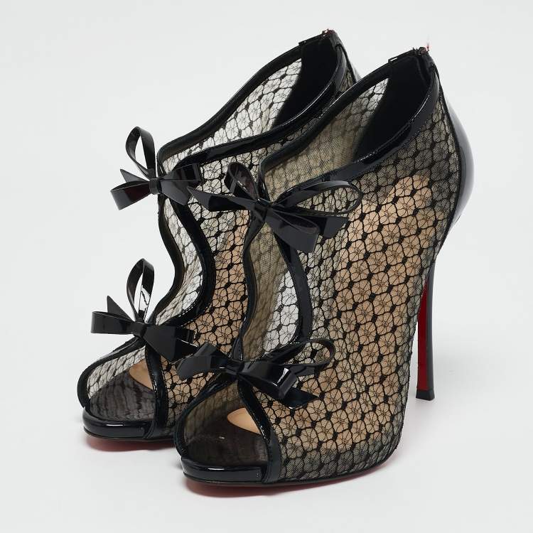 Pre Owned Christian Louboutin Black Patent Leather and Mesh Empiralta Booties Size 40
