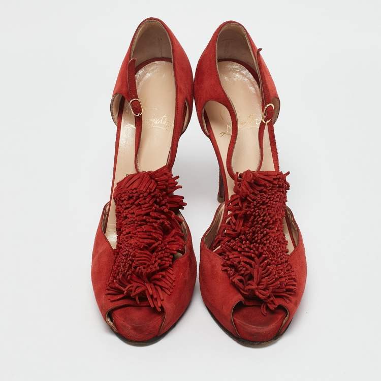 Pre Owned Christian Louboutin Red Suede Flower Bow Ankle Strap Sandals Size 38