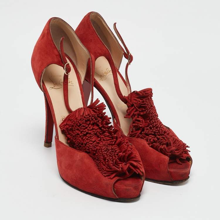 Pre Owned Christian Louboutin Red Suede Flower Bow Ankle Strap Sandals Size 38