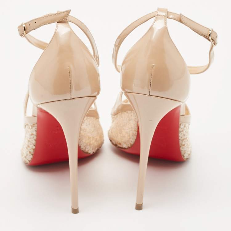 Pre Owned Christian Louboutin Beige Patent Leather and Sequins Twistissima Pumps Size 40