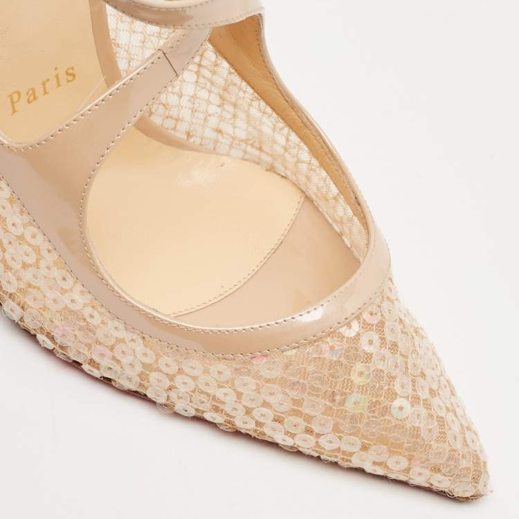 Pre Owned Christian Louboutin Beige Patent Leather and Sequins Twistissima Pumps Size 40