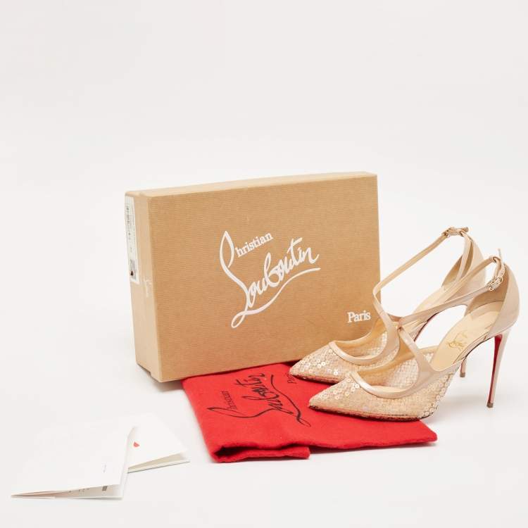 Pre Owned Christian Louboutin Beige Patent Leather and Sequins Twistissima Pumps Size 40