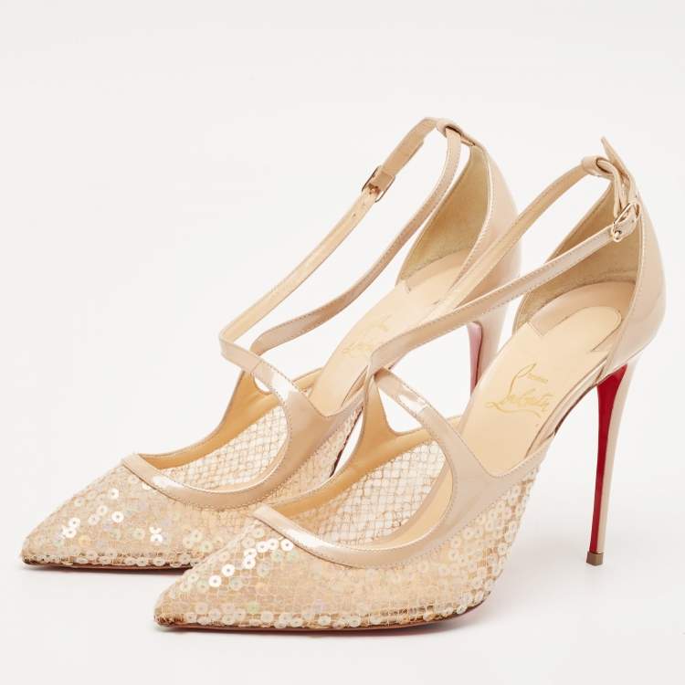 Pre Owned Christian Louboutin Beige Patent Leather and Sequins Twistissima Pumps Size 40