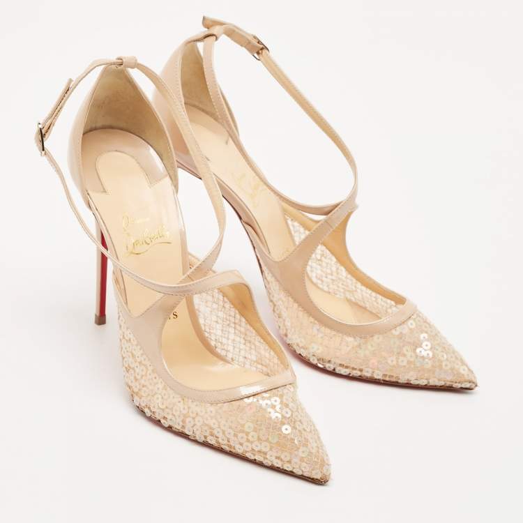 Pre Owned Christian Louboutin Beige Patent Leather and Sequins Twistissima Pumps Size 40