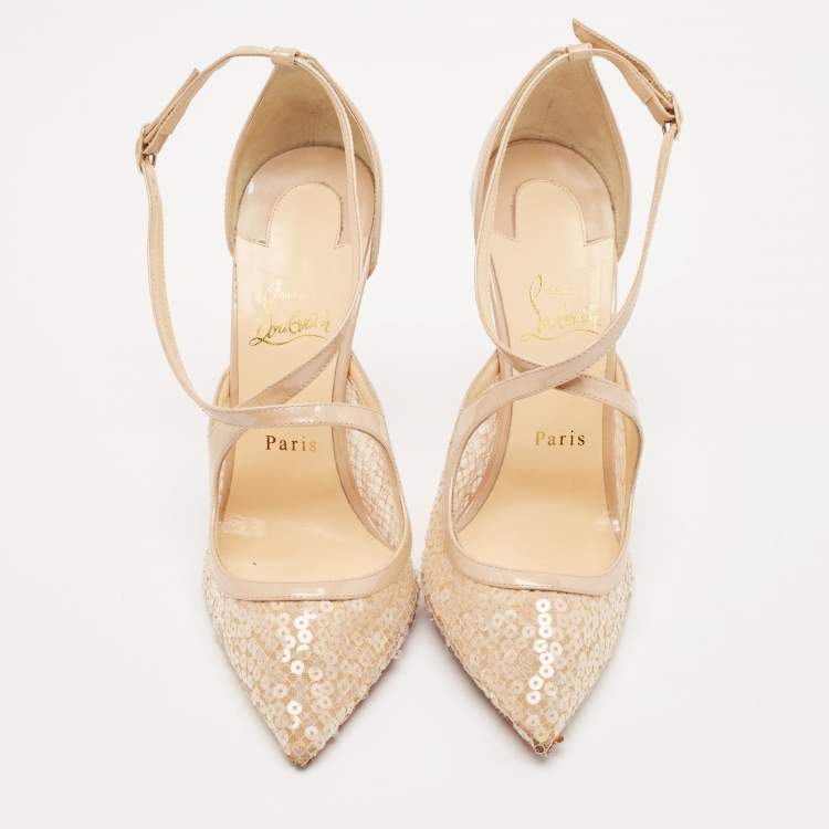 Pre Owned Christian Louboutin Beige Patent Leather and Sequins Twistissima Pumps Size 40