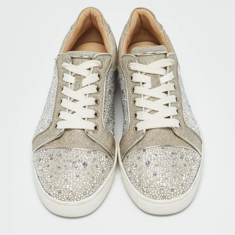 Pre Owned Christian Louboutin Silver Glitter Crystal Embellished Vieira 2 Lace Up Sneakers Size 36.5