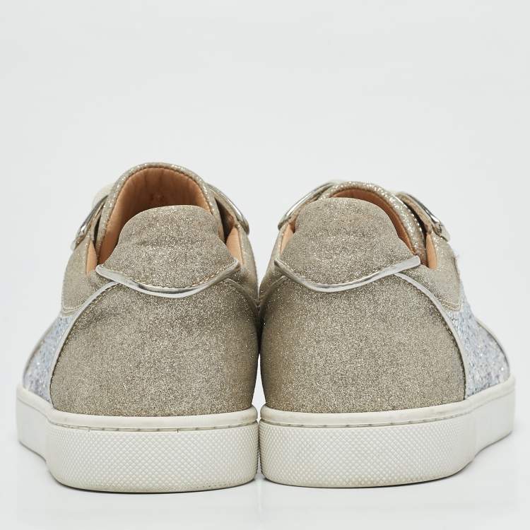 Pre Owned Christian Louboutin Silver Glitter Crystal Embellished Vieira 2 Lace Up Sneakers Size 36.5
