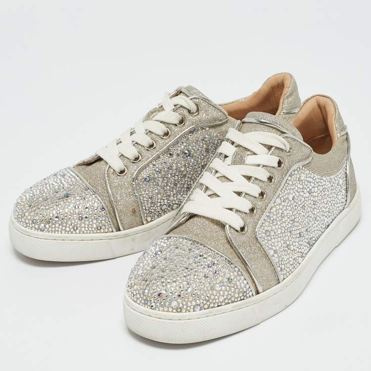 Pre Owned Christian Louboutin Silver Glitter Crystal Embellished Vieira 2 Lace Up Sneakers Size 36.5
