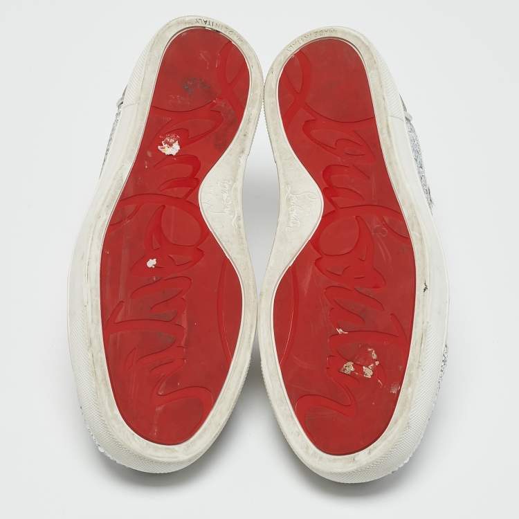 Pre Owned Christian Louboutin Silver Glitter Crystal Embellished Vieira 2 Lace Up Sneakers Size 36.5