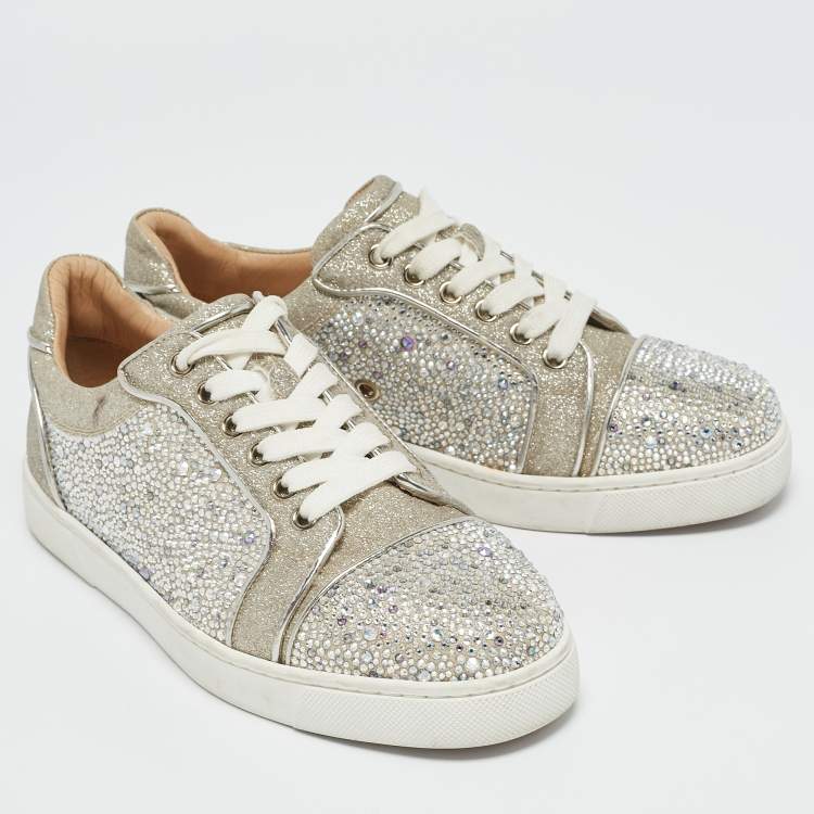 Pre Owned Christian Louboutin Silver Glitter Crystal Embellished Vieira 2 Lace Up Sneakers Size 36.5