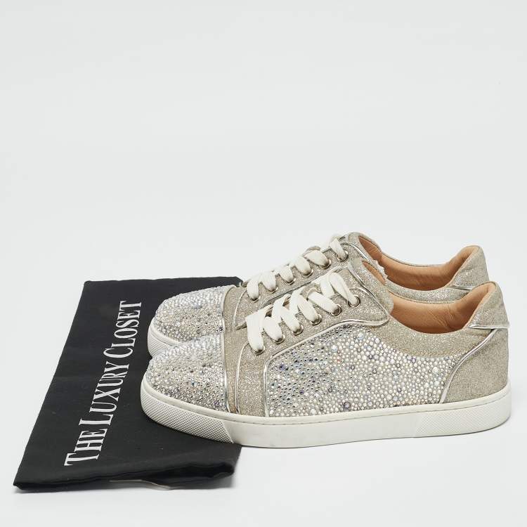 Pre Owned Christian Louboutin Silver Glitter Crystal Embellished Vieira 2 Lace Up Sneakers Size 36.5