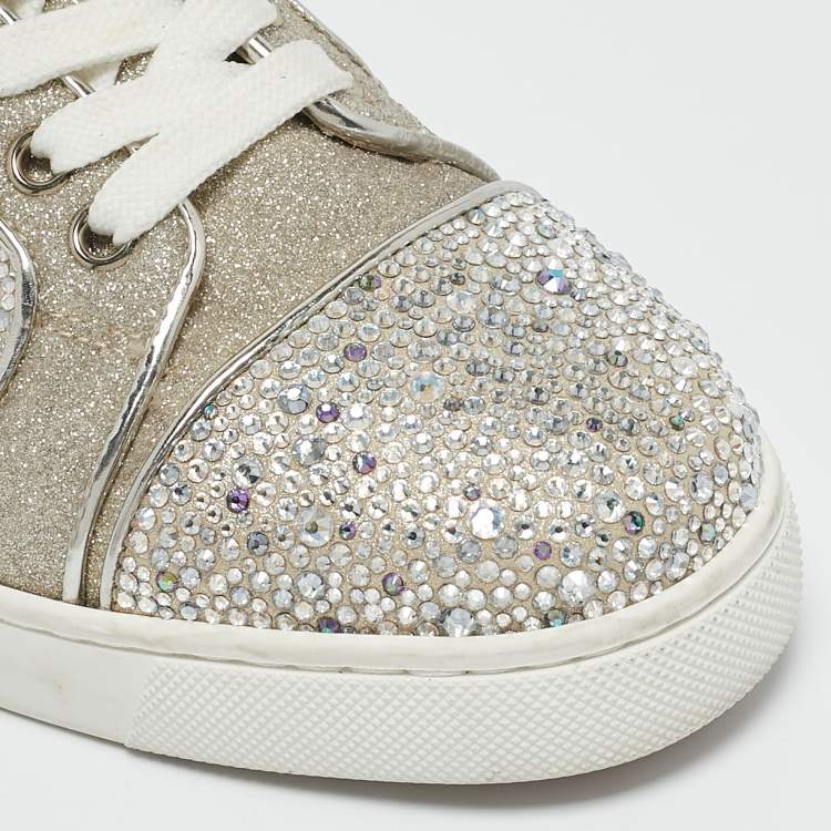 Pre Owned Christian Louboutin Silver Glitter Crystal Embellished Vieira 2 Lace Up Sneakers Size 36.5