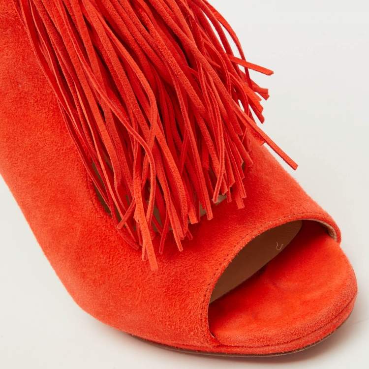 Pre Owned Christian Louboutin Orange Suede Otoka Open Toe Ankle Booties Size 37.5