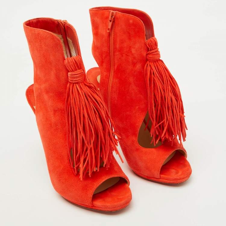 Pre Owned Christian Louboutin Orange Suede Otoka Open Toe Ankle Booties Size 37.5