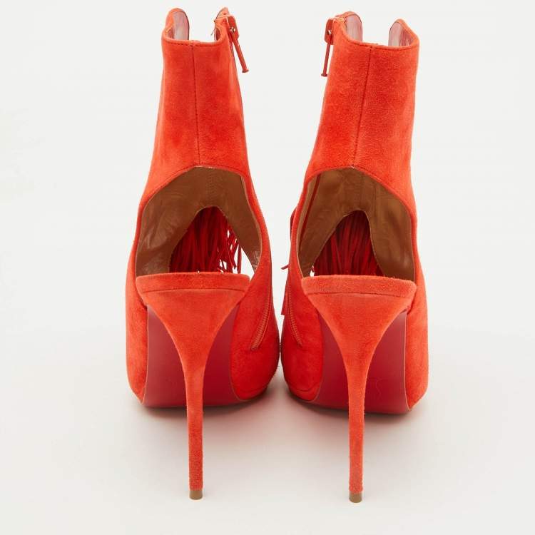 Pre Owned Christian Louboutin Orange Suede Otoka Open Toe Ankle Booties Size 37.5