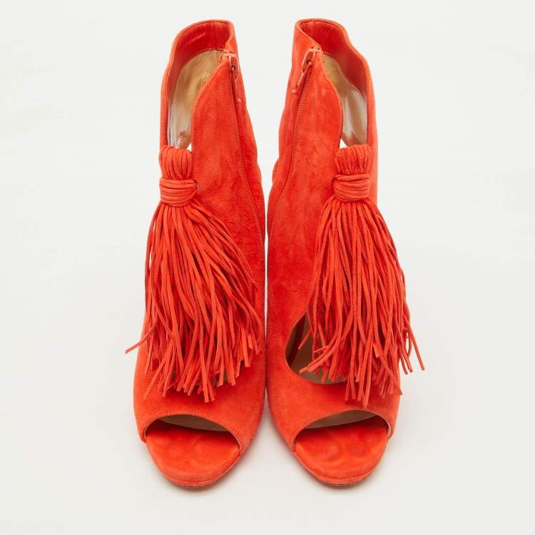 Pre Owned Christian Louboutin Orange Suede Otoka Open Toe Ankle Booties Size 37.5