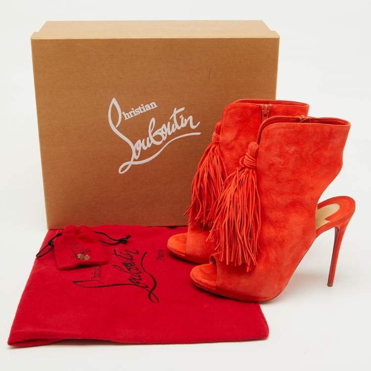 Pre Owned Christian Louboutin Orange Suede Otoka Open Toe Ankle Booties Size 37.5
