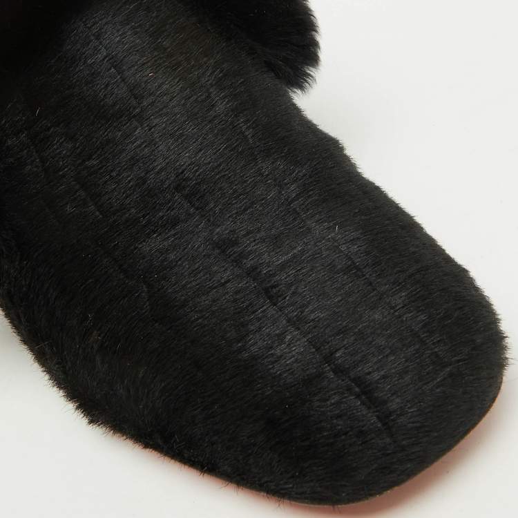 Pre Owned Christian Louboutin Black Croc Print Calfhair and Fur Boudiva Mules Size 37.5