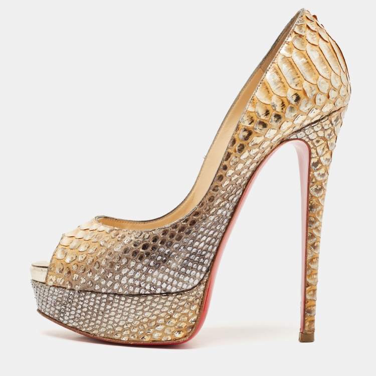 Pre Owned Christian Louboutin Two Tone Python Lady Peep Pumps Size 36.5