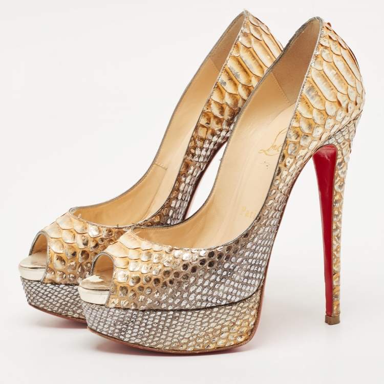 Pre Owned Christian Louboutin Two Tone Python Lady Peep Pumps Size 36.5