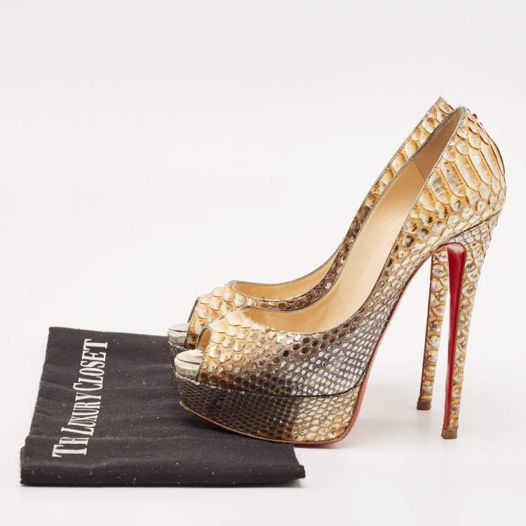 Pre Owned Christian Louboutin Two Tone Python Lady Peep Pumps Size 36.5