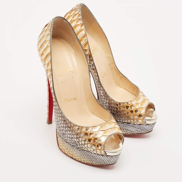 Pre Owned Christian Louboutin Two Tone Python Lady Peep Pumps Size 36.5