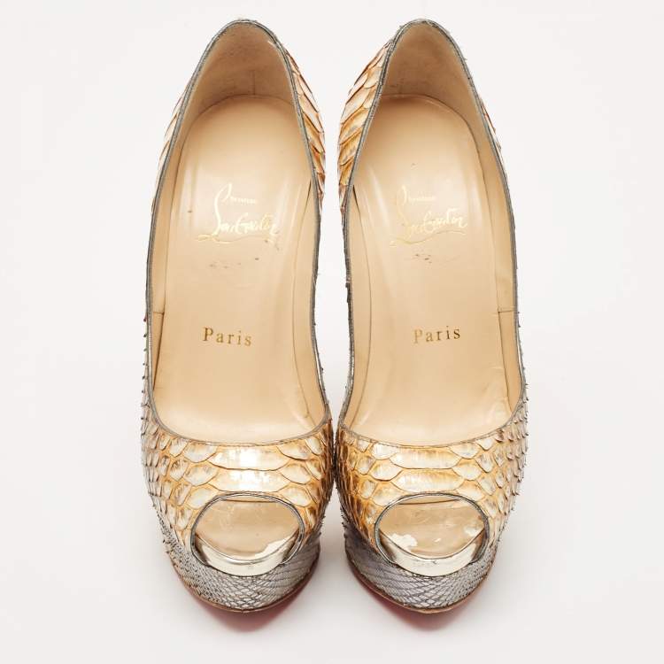 Pre Owned Christian Louboutin Two Tone Python Lady Peep Pumps Size 36.5