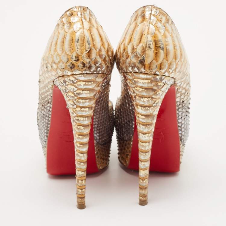 Pre Owned Christian Louboutin Two Tone Python Lady Peep Pumps Size 36.5