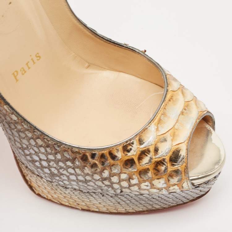Pre Owned Christian Louboutin Two Tone Python Lady Peep Pumps Size 36.5