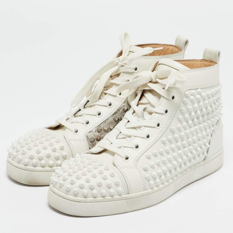 Pre Owned Christian Louboutin White/Silver Leather Louis Spikes High Top Sneakers Size 39