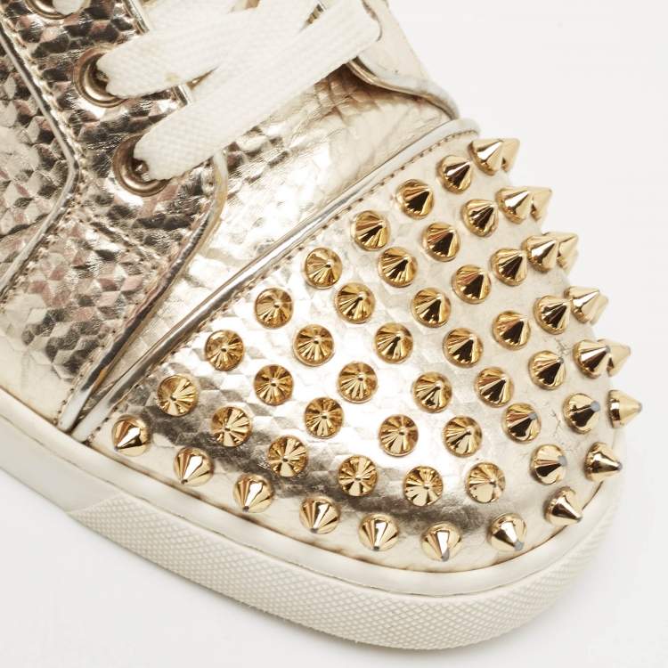 Pre Owned Christian Louboutin Gold Pattern Embossed Leather Louis Junior Spikes Low Top Sneakers Size 38.5