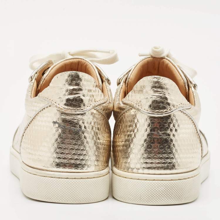 Pre Owned Christian Louboutin Gold Pattern Embossed Leather Louis Junior Spikes Low Top Sneakers Size 38.5