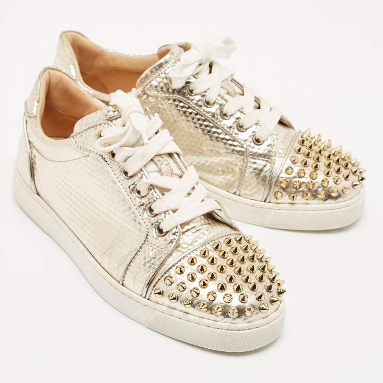Pre Owned Christian Louboutin Gold Pattern Embossed Leather Louis Junior Spikes Low Top Sneakers Size 38.5