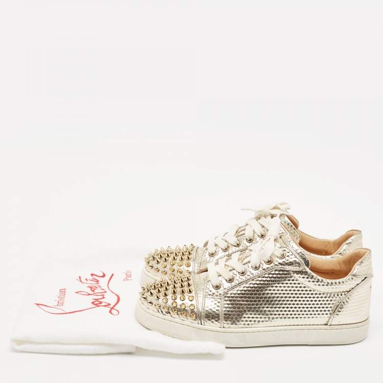 Pre Owned Christian Louboutin Gold Pattern Embossed Leather Louis Junior Spikes Low Top Sneakers Size 38.5