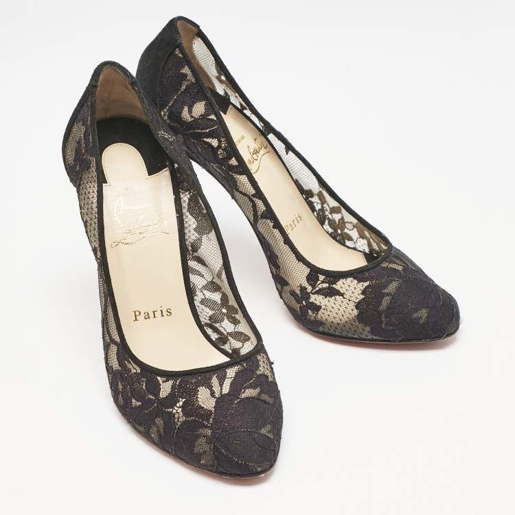Pre Owned Christian Louboutin Black Lace and Suede Diorissimo Pumps Size 36.5