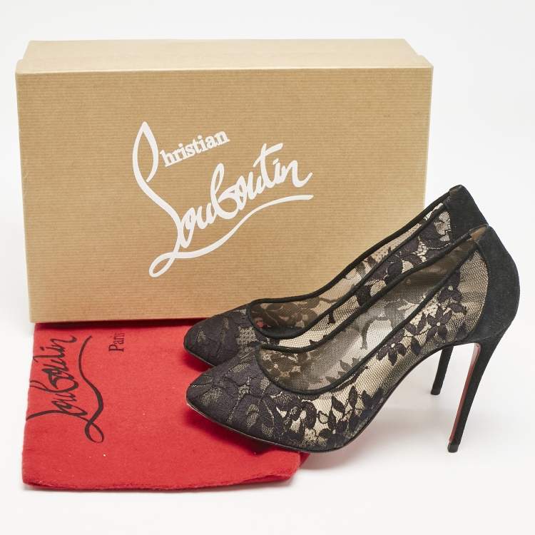 Pre Owned Christian Louboutin Black Lace and Suede Diorissimo Pumps Size 36.5