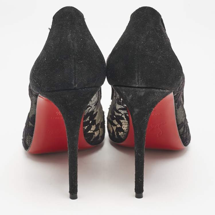 Pre Owned Christian Louboutin Black Lace and Suede Diorissimo Pumps Size 36.5