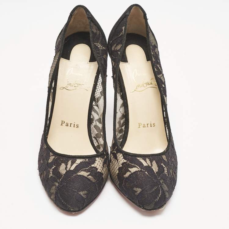 Pre Owned Christian Louboutin Black Lace and Suede Diorissimo Pumps Size 36.5
