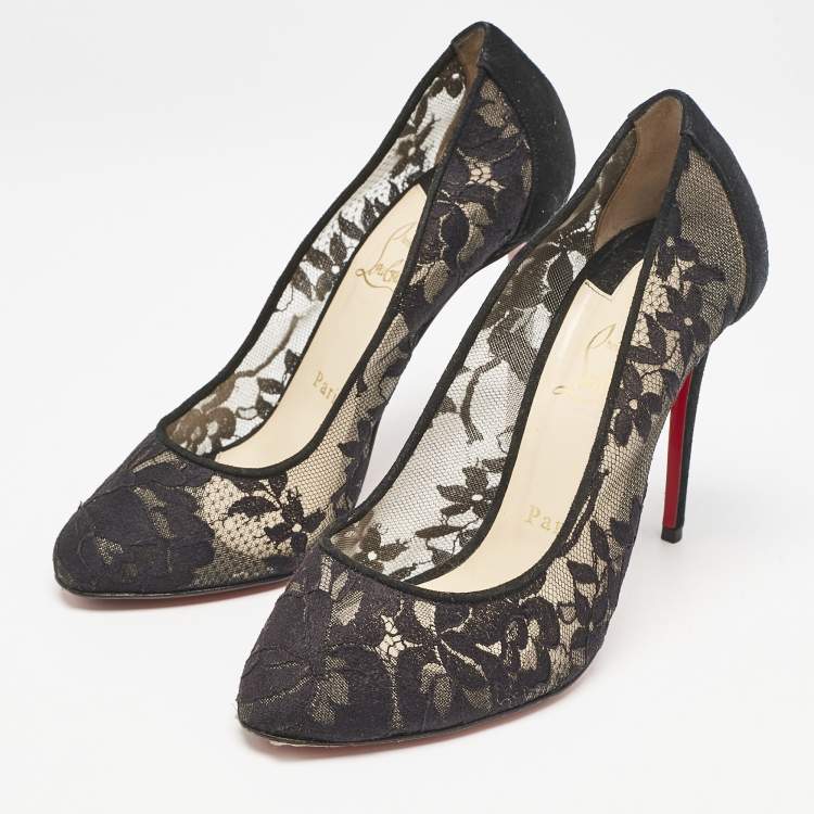 Pre Owned Christian Louboutin Black Lace and Suede Diorissimo Pumps Size 36.5