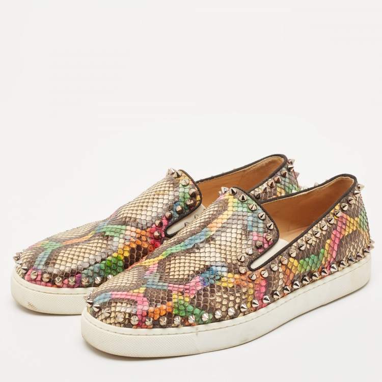 Pre Owned Christian Louboutin Gold Python Leather Pik Boat Slip On Sneakers Size 38