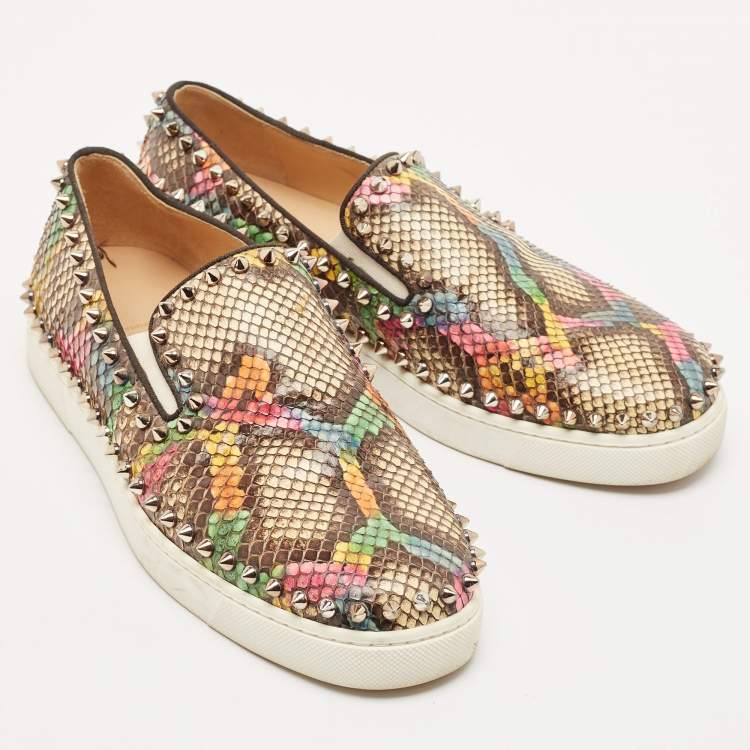 Pre Owned Christian Louboutin Gold Python Leather Pik Boat Slip On Sneakers Size 38
