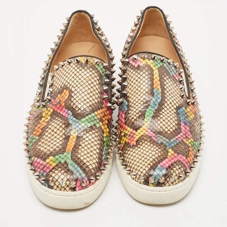 Pre Owned Christian Louboutin Gold Python Leather Pik Boat Slip On Sneakers Size 38
